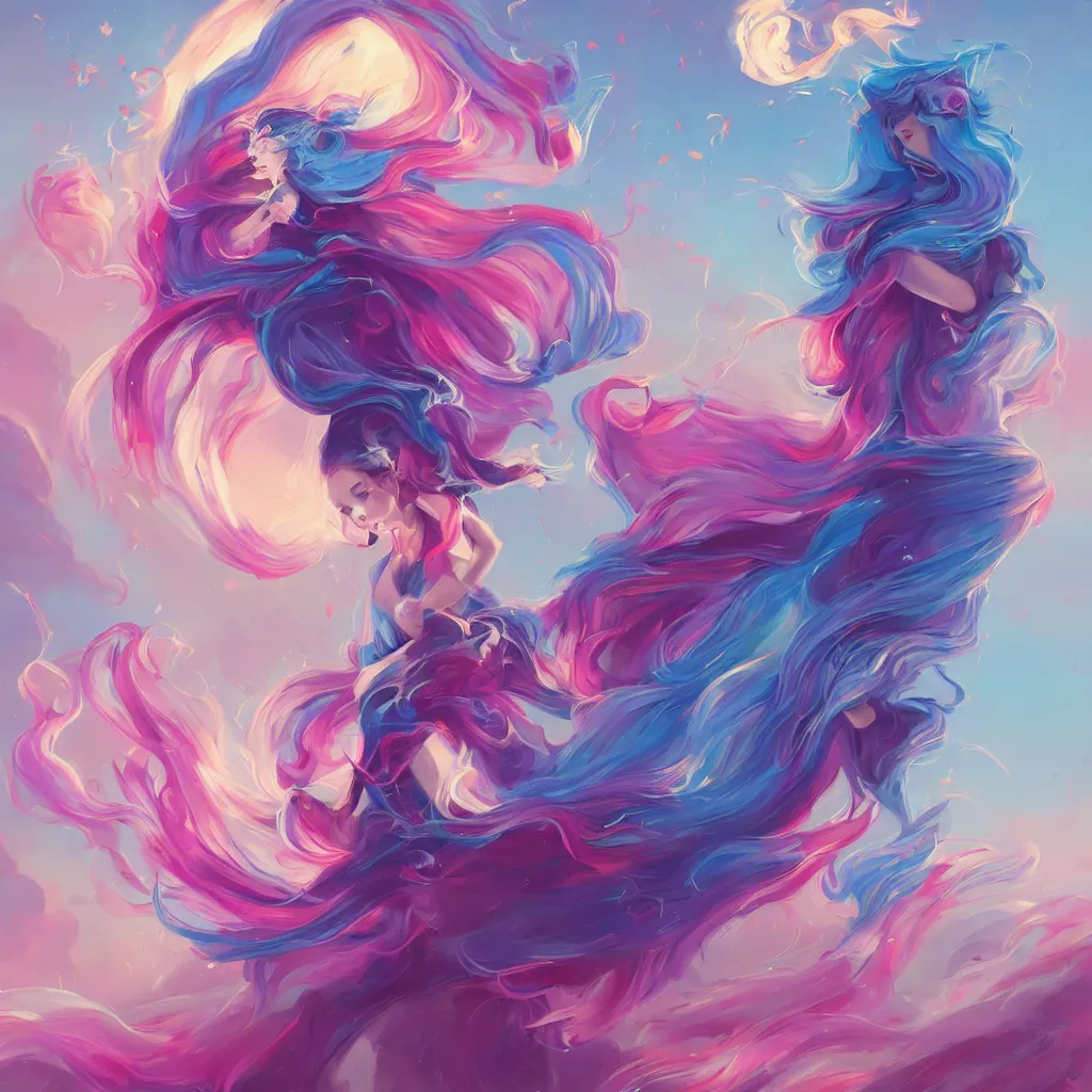 Image similar to a colorful and provenance illustrations painting of the fantasy female flying floral wing, highly detailed, her hair made of hair made of air wind and curling smoke, mist, dust, genie, spirit fantasy concept art, art by aenami, alena, afshar, petros and leonid, trending on artstation.