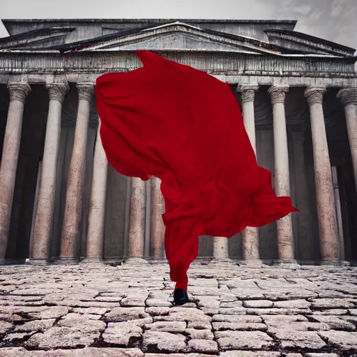 Image similar to a figure covered by red cloth that's blowing in the wind standing in a beautiful roman city, digital art, concept art, cloth simulation with houdini, octane, redshift, 8 k