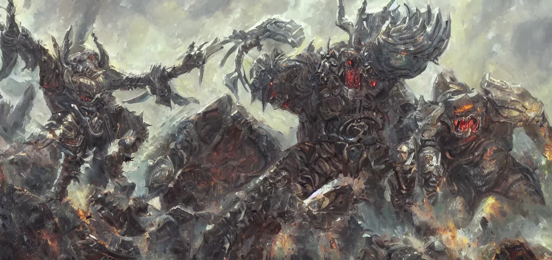 Prompt: oil painting of a single giant orc in futuristic armor roars as it steps over it's fallen enemy's bodies