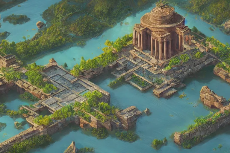 Image similar to ancient city, lake, plants, isometric art, isometric illustration, artstation, highly detailed, post processing, cinematic lighting + masterpiece