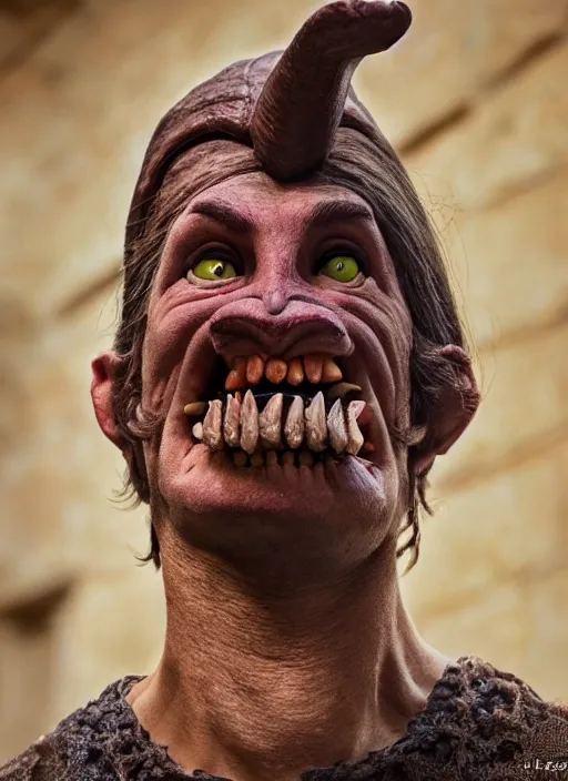 Image similar to closeup profile face portrait of a medieval goblin eating cakes in the cloisters, depth of field, zeiss lens, detailed, symmetrical, centered, fashion photoshoot, by annie leibovitz and steve mccurry, david lazar, jimmy nelsson, breathtaking, 8 k resolution, extremely detailed, beautiful, establishing shot, artistic, hyperrealistic, beautiful face, octane render