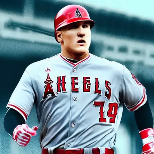 Image similar to “a realistic detailed photo of a guy who is named Mike Trout a baseball player, frozen like a statue, with shiny skin”
