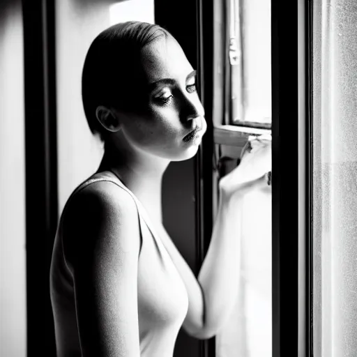 Image similar to black and white fashion photography of a beautiful depressed Woman with detailed face standing by the window, natural light, soft noise, sigma 85mm f/1.4 1/10 sec shutter