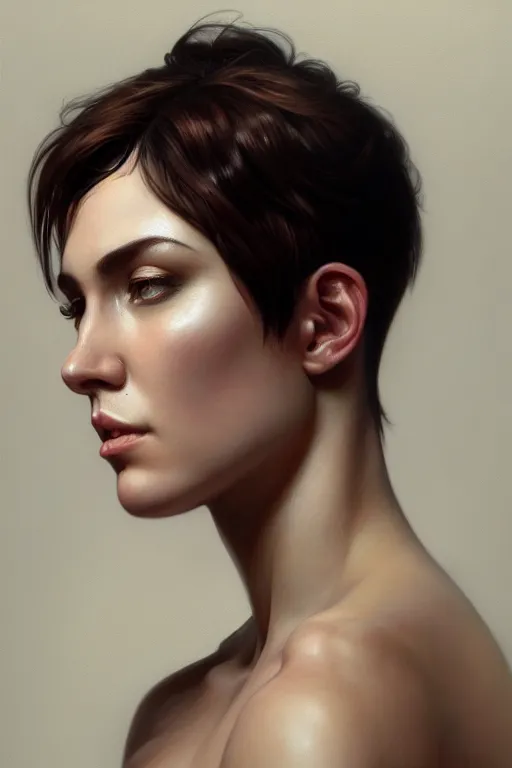 Image similar to photorealistic portrait of a young butch professional woman, handsome, female, masculine, upper body, fantasy, fierce, sharp features, intricate, elegant, highly detailed, digital painting, artstation, concept art, matte, sharp focus, illustration, art by artgerm and greg rutkowski and alphonse mucha