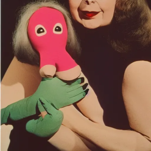 Image similar to 1976 woman wearing an inflatable plastic nose, soft color, wearing a leotard 1976 holding a hand puppet, color film 16mm Almodovar John Waters Russ Meyer Doris Wishman old photo