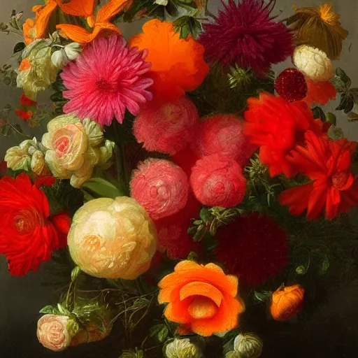 Prompt: lush floral bouquet in reds oranges yellows greens by rachel ruysch