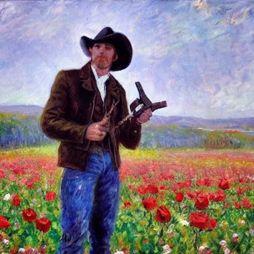 Prompt: an impressionist painting of a tall man with blue eyes that is wearing a cowboy hat and a leather vest. He is holding a revolver in his left hand and a rose is in his right hand. He is standing in a field of roses.