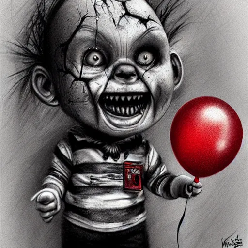 Image similar to surrealism grunge cartoon portrait sketch of chucky with a wide smile and a red balloon by - michael karcz, loony toons style, freddy krueger style, horror theme, detailed, elegant, intricate