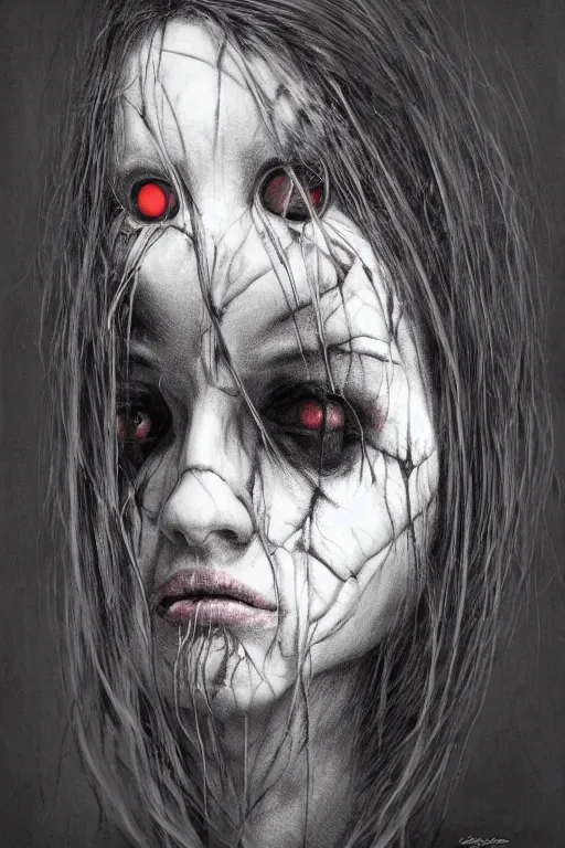 Image similar to charcoal cartoon grunge portrait of a creepy horror nurse girl . intricate abstract. intricate artwork. nightmare fuel. terrifying. by zdzisław Beksiński, wlop, dan mumford , trending on artstation, greg rutkowski very coherent symmetrical artwork. cinematic, hyper realism, high detail, octane render, 8k