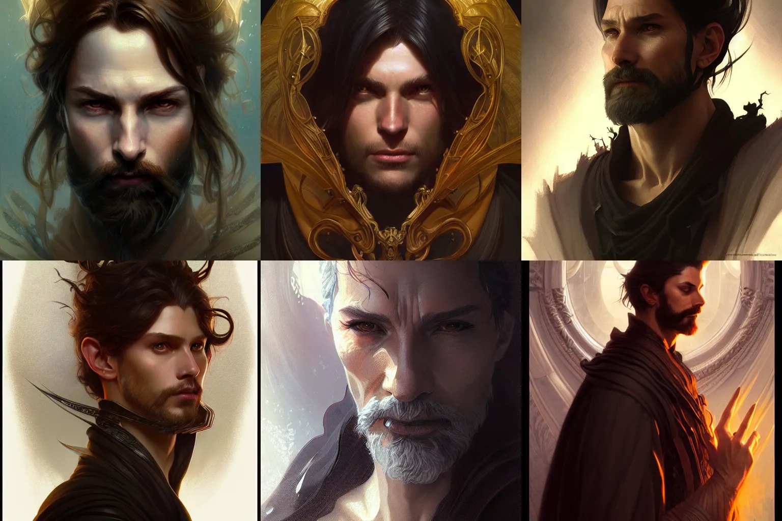 Prompt: portrait of male wizard, epic dark fantasy, medium shot, intricate, elegant, highly detailed, digital painting, artstation, concept art, smooth, sharp focus, illustration, art by artgerm and greg rutkowski and alphonse mucha