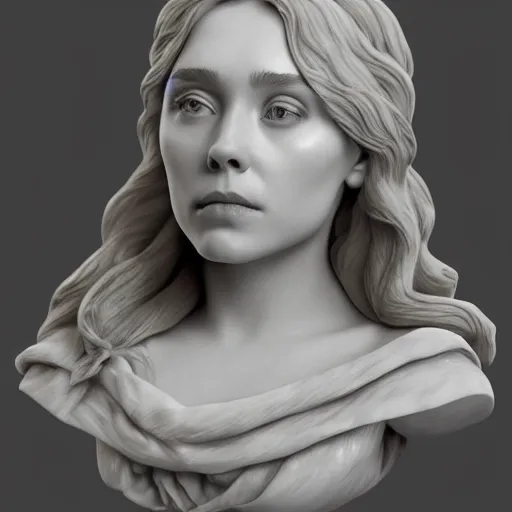 Image similar to a marble bust of actress Elizabeth Olsen, made of Carrara marble, detailed, intricate, CGI, cgsociety, trending on artstation, photograph, single subject, by Gian Lorenzo Bernini