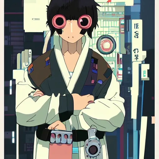 Image similar to studio ghibli cyberpunk portrait character, charming japanese cyberpunk portrait cartoon,