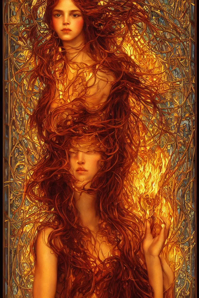 Prompt: ultra realist breathtaking detailed soft painting of a beautiful fire dancer girl, long fire hair, symmetrical facial features, christian saint, in the middle of an intricate stained glass of flames, art nouveau frame, by wlop, Tom Bagshaw, trending on artstation