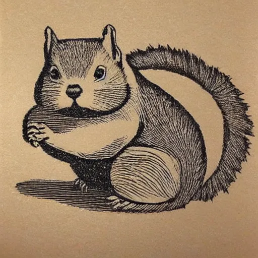 Prompt: woodblock etch of the most chubby cute squirrel ever, this cute chunky monster has rolls, Epic Vermin