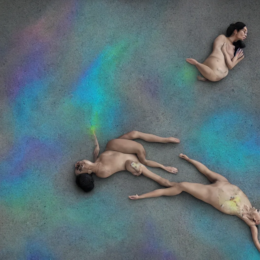 Image similar to overhead view of iridiscent oil slick and eroded stones with a woman's corpses connected by a transparent pipe to a baby buried relaxing on yoga mat, faded, gradient, depth of field, ultra realistic, very detailed, glitch, by nadav kander, 8 k hyper realistic detailed cinematic