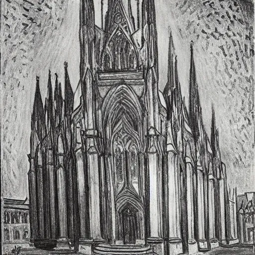 Image similar to a drawing off the aachener cathedral, painted by van gogh.