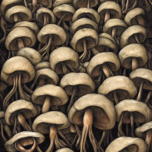 Image similar to a hyperrealistic painting of an army of angry mushrooms, by john kenn mortensen, highly detailed,