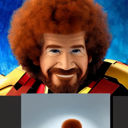 Prompt: a closeup photorealistic photograph of bob ross working on a canvas painting of himself as iron man. lit studio, mountain scape. film still, vibrant colors. this 4 k hd image is trending on artstation, featured on behance, well - rendered, extra crisp, features intricate detail, epic composition and the style of unreal engine.