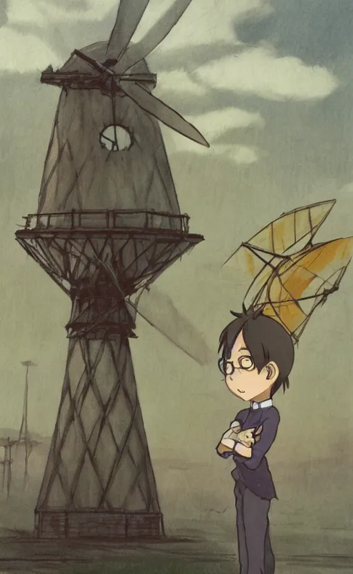 Prompt: a cartoon character is standing in front of a windmillt, concept art by hayao miyazaki, featured on pixiv, fantasy art, official art, 2 d game art, concept art