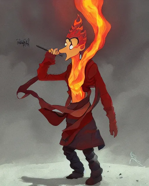 Image similar to squidward wearing fire nation clothing and practicing firebending outside at susnset, [ greg rutkowski ]