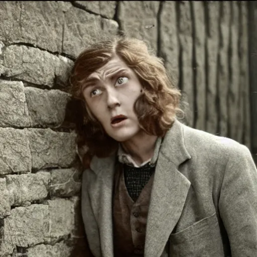 Prompt: Still of a movie set in the 1930s where a young man with long hair is backed up against a stone wall by an assailant. He is looking utterly panicked and distressed