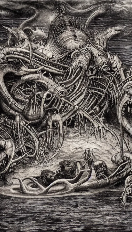 Image similar to man on boat crossing a body of water in hell with creatures in the water, sea of souls, by hr giger