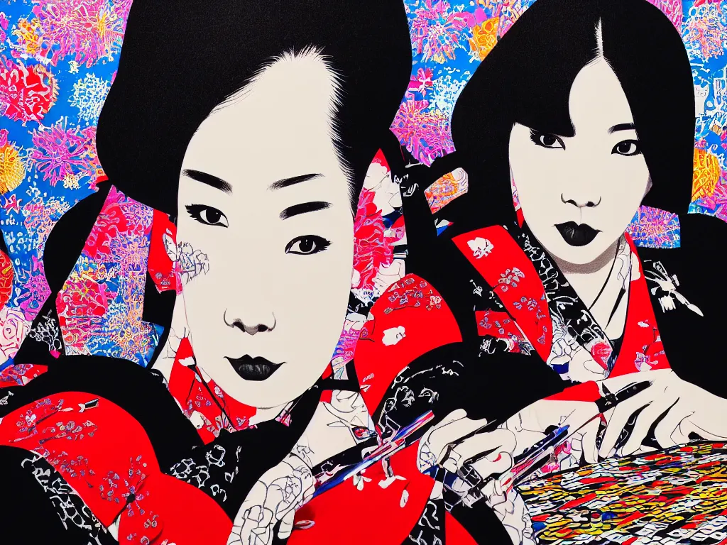 Image similar to hyperrealism composition of the detailed woman in a japanese kimono sitting at an extremely detailed poker table with darth vader, fireworks on the background, pop - art style, jacky tsai style, andy warhol style, acrylic on canvas