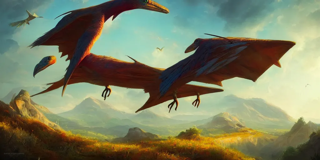 Image similar to ultra realistic colorful pterodactylus beautiful dreamy landscape, dream, colors, highly detailed, artgerm style, clear, ocatne render, artstation trend, epic art style, greg rutkowski, cinematic, concept art, 8 k hd