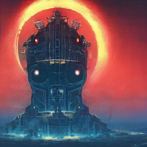 Image similar to giant robot with ominously glowing red eyes stands on top of city that is on fire, concept art, intricate details, highly detailed, in the style of chris foss, rodger dean, moebius, michael whelan, and gustave dore