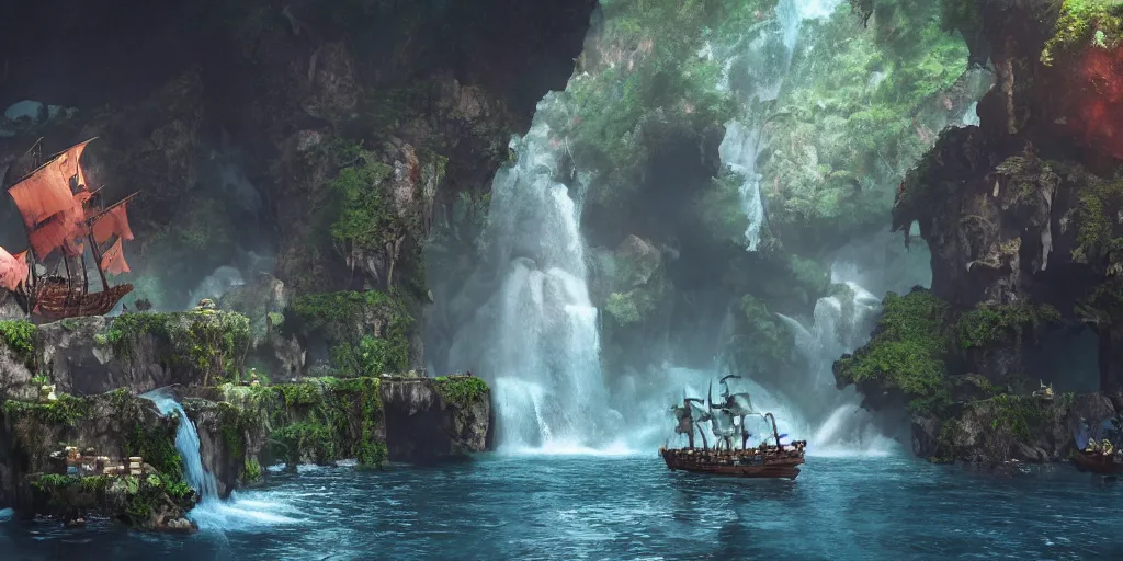 Prompt: a film still of a hidden pirate ship in a waterfall cave from goonies, medium shot, waist up, studio ghibli, pixar and disney animation, sharp, rendered in unreal engine 5, anime key art by greg rutkowski, bloom, dramatic lighting