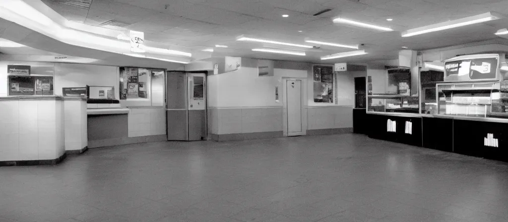 Prompt: circa 2 0 0 2 1 3 mm film photograph of an empty mcdonalds, liminal, dark, flash on, blurry, grainy, unsettling