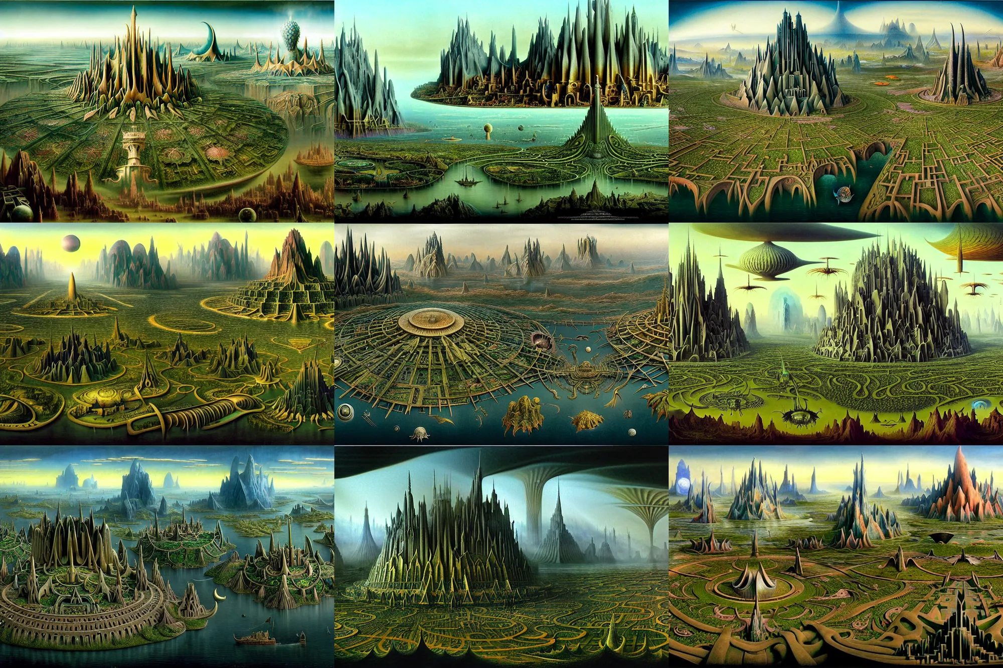 Prompt: a beautiful and insanely detailed matte painting of an advanced sprawling civilization with surreal architecture designed by Heironymous Bosch and Jim Burns, mega structures inspired by Heironymous Bosch's Garden of Earthly Delights, a beautiful and insanely detailed matte painting of an advanced sprawling civilization with surreal architecture designed by Heironymous Bosch and Jim Burns, mega structures inspired by Heironymous Bosch's Garden of Earthly Delights, a beautiful and insanely detailed matte painting of an advanced sprawling civilization with surreal architecture designed by Heironymous Bosch and Jim Burns, mega structures inspired by Heironymous Bosch's Garden of Earthly Delights, vast landscape by Jim Burns and Tyler Edlin, dark sci-fi concept art, vast horizons by Jim Burns and Tyler Edlin, masterpiece!!, grand!, imaginative!!!, whimsical!!, epic scale, intricate details, sense of awe, elite, complex layered composition!!