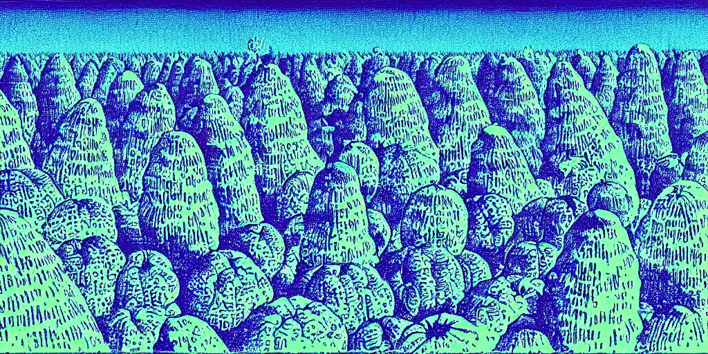 Image similar to risograph grainy painting of tomorrow harvest, i see drones, by moebius and dirk dzimirsky and satisho kon, blue hour, close - up wide portrait