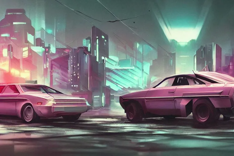 Image similar to cyberpunk synthwave an old soviet car in the soviet yard, intricate, elegant, concept art, smooth, sharp, focus, futuristic, cgsociety, in the style of artstation