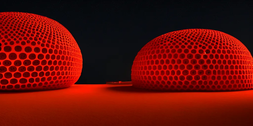 Prompt: A beautiful architectural rendering of a round shaped trypophobia house with a mysterious red glow emitting from inside, by octane render and corona render, stunning, gorgeous, golden ratio, photorealistic, featured on artstation, 4k resolution
