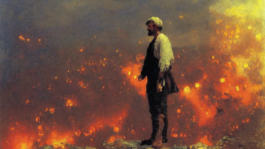 Image similar to high quality high detail painting by ilya repin, man standing in front of huge explosion, hd