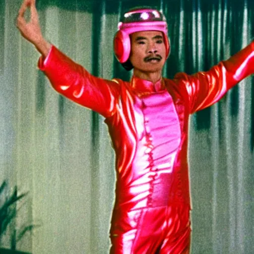 Prompt: A still of Ho Chi Minh wearing a disco suit in Saturday Night Fever