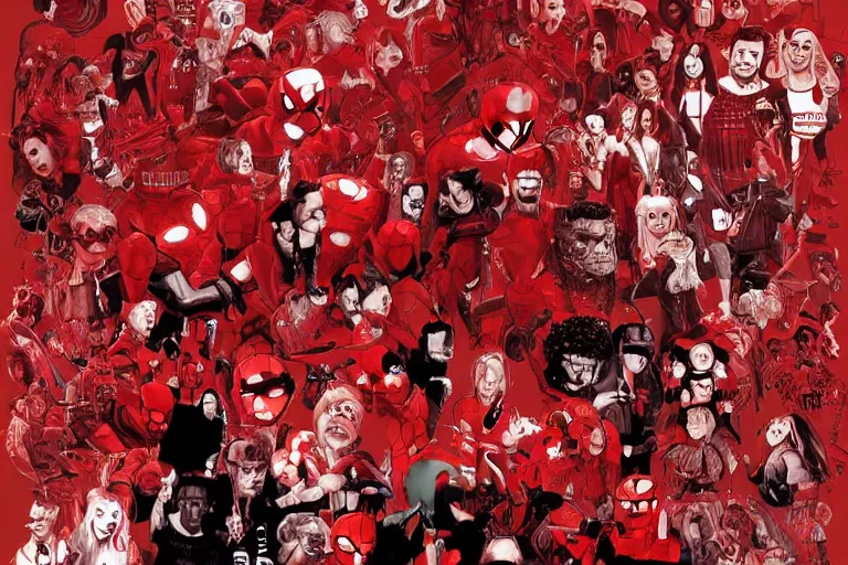 Prompt: red themed mashup with movie characters, marvel, disney, indie, highly detailed, featured on artstation, highly detailed, abstract