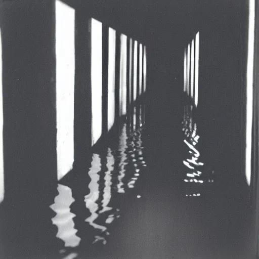 Image similar to a flooded hotel hallway at night, dark, dim, no light, underexposed, old polaroid,