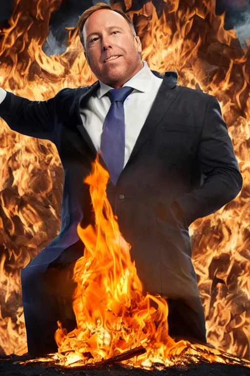 Image similar to Alex Jones burning a giant pile of 45 million dollars. Photo realistic. Award winning