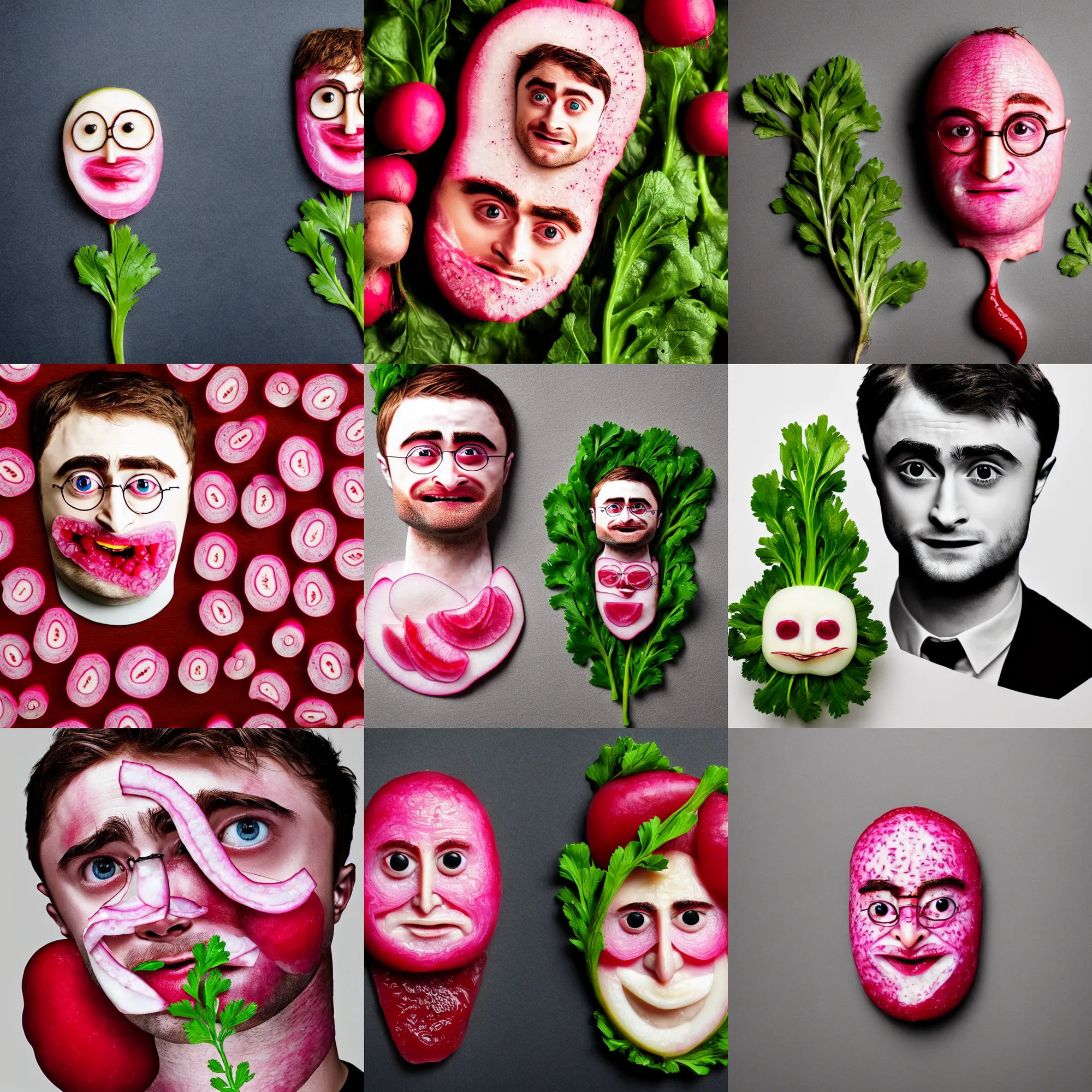 Prompt: face made of radish made of daniel radcliffe, professional food photography, high detail portrait photo