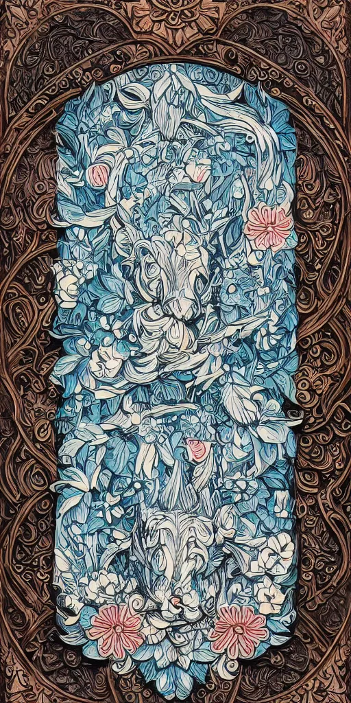 Image similar to Painted dark-wood panel relief carving of a Flowerpunk Piglet, White and pale blue toned, ornate border frame, explosion of colorful flowers, dark wood, intricately carved, black ink, festival of rich colors, intricate details, cinematic lighting, volumetric lighting, post-processing, art nouveau, tarot, fractal art, mandala, by andreas rocha and john howe, and Martin Johnson Heade, featured on artstation, featured on behance, golden ratio, hyper detailed, photorealistic, epic composition, center spotlight, f32, well composed, symmetrical, UE5, 8k