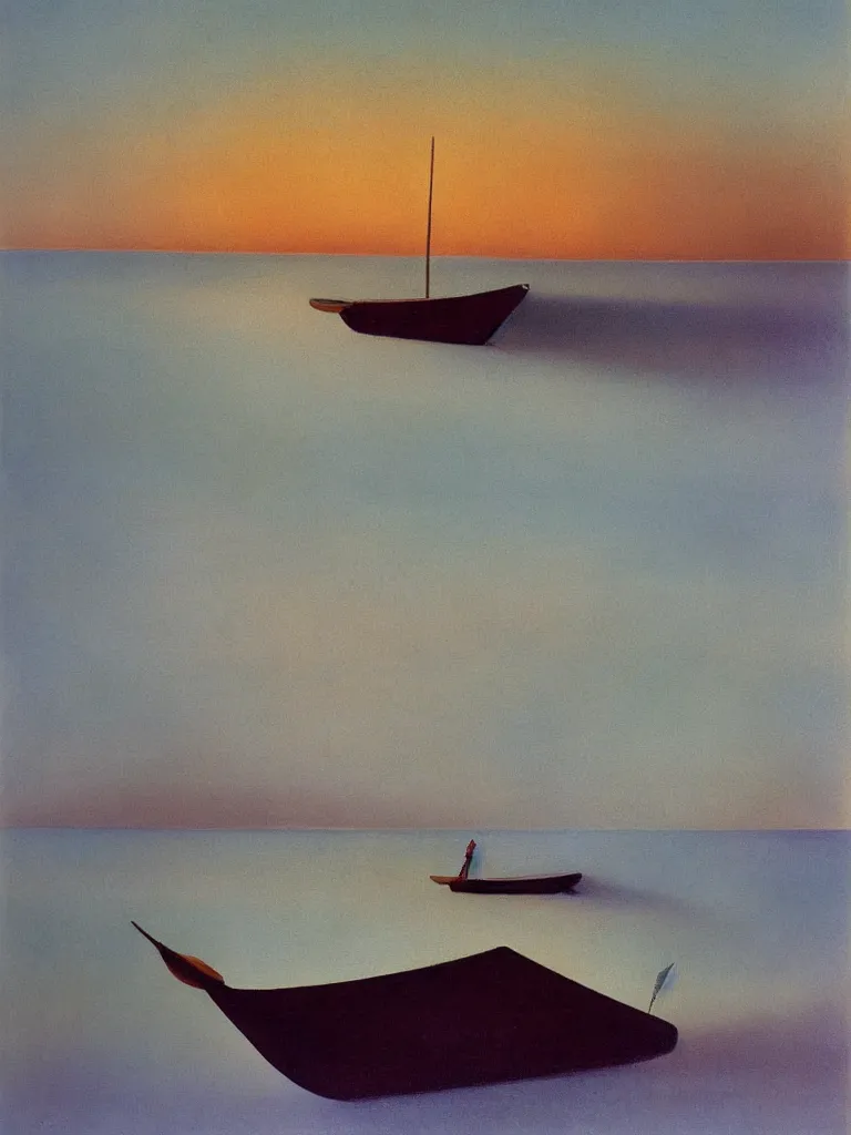 Image similar to a neo retro poster a boat near dune du Pilat, australian tonalism, pale gradients design, matte drawing, clean and simple design, outrun color palette. painted by Morandi, Agnes Pelton