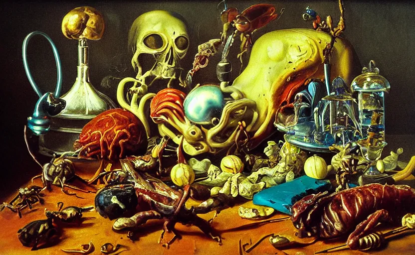 Image similar to disturbing colorful oil painting dutch golden age vanitas still life sparse composition with bizarre objects strange gooey transparent surfaces shiny metal reflections bizarre mutant meat insects rachel ruysch dali todd schorr very detailed perfect composition rule of thirds masterpiece canon 5 0 mm, cinematic lighting, photography, retro, film, kodachrome