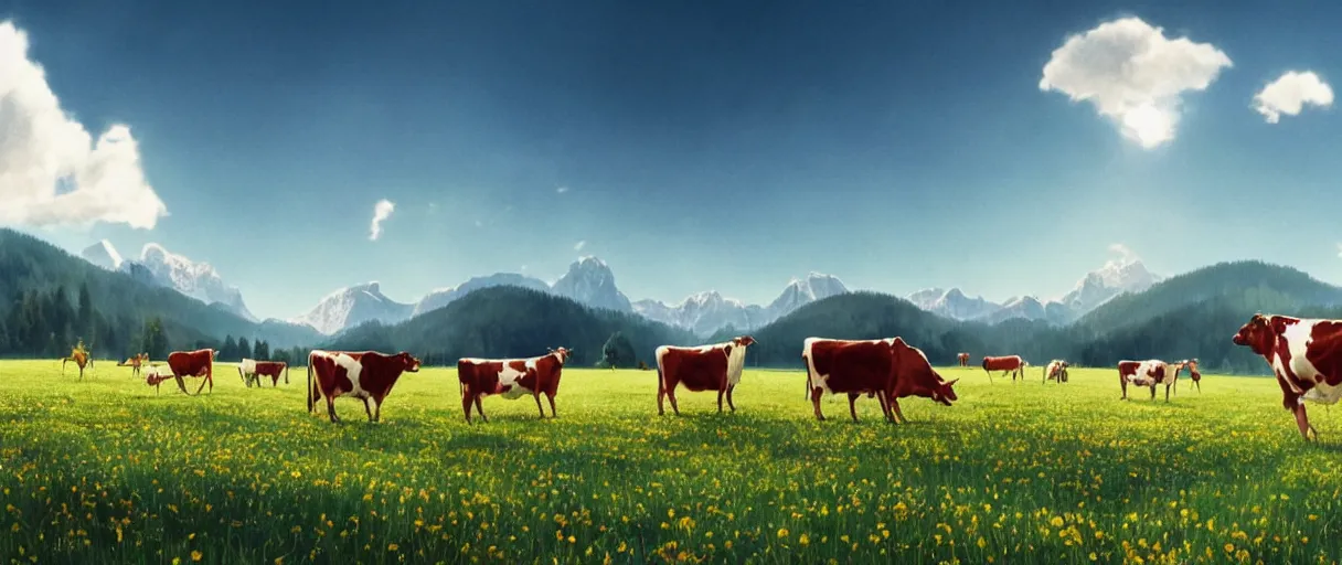 Image similar to a ultra photorealistic and sharp film still of an a sunny and colourful open field in 1 9 0 0 in the middle of the bavarian alps, germany. cows. wide shot, wes anderson, studio ghibli, pixar and disney animation, octane render, anime key art by greg rutkowski, dramatic lighting, award winning photography