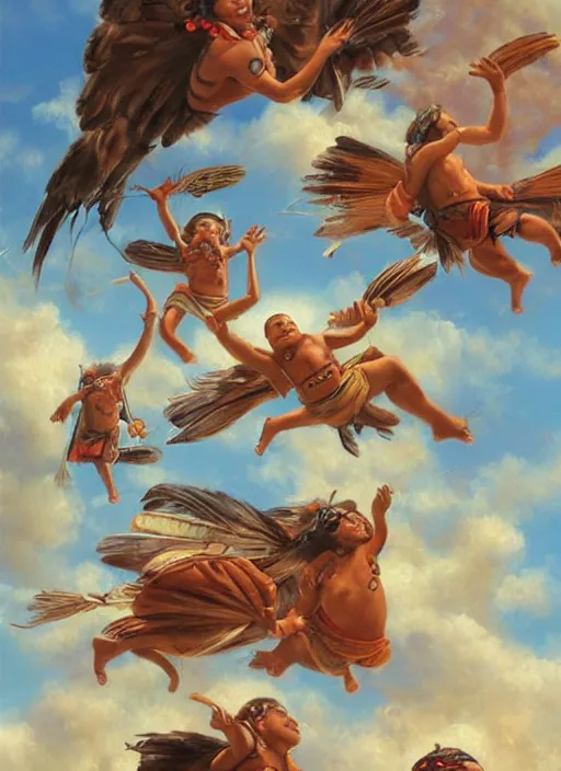 Image similar to faces of indigenous amazonian grandfathers and grandmothers spirits in the clouds, smiling, protection, benevolence, ancestors, detailed faces, religious painting, art by christophe vacher