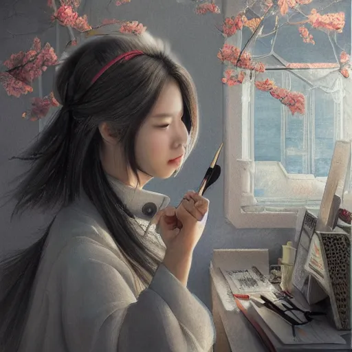 Image similar to dynamic composition, motion, ultra-detailed, incredibly detailed, a lot of details, amazing fine details and brush strokes, colorful and grayish palette, smooth, HD semirealistic anime CG concept art digital painting, watercolor oil painting of a young office lady, by a Chinese artist at ArtStation, by Huang Guangjian, Fenghua Zhong, Ruan Jia, Xin Jin and Wei Chang. Realistic artwork of a Chinese videogame, gradients, gentle an harmonic grayish colors.