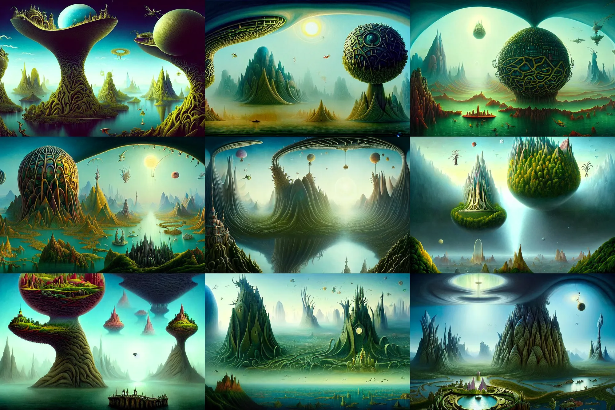 Prompt: a beguiling epic stunning beautiful and insanely detailed matte painting of alien dream worlds with surreal architecture designed by Heironymous Bosch, mega structures inspired by Heironymous Bosch's Garden of Earthly Delights, vast surreal landscape and horizon by Asher Durand and Cyril Rolando and Raymond Swanland, masterpiece!!, grand!, imaginative!!!, whimsical!!, epic scale, intricate details, sense of awe, elite, wonder, insanely complex, masterful composition, sharp focus, fantasy realism, dramatic lighting