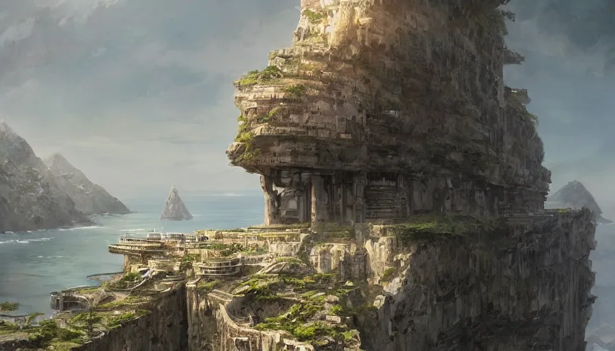 Image similar to imperial base on a cliff overlooking a magnificient bay, by james gurney, greg rutkowski, drawing architecture, highly detailed digital art, artstation, greig fraser