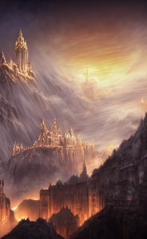 Image similar to beautiful gold fantasy city made from white stone and bright copper built on the side of a volcano, gondor, misty, red sky, medieval city, metropolis, magic, gorgeous clouds, white marble, god rays, digital art, landscape, fantasy art, octane render, ureal engine, high detail, very realistic, by greg rutkowski. by james gurney